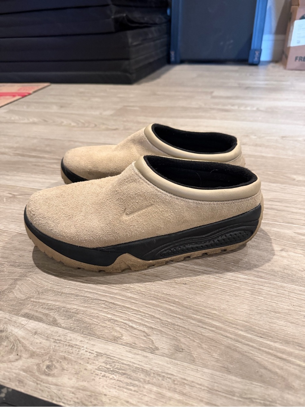 Nike Men’s Slip-On Suede Clog in Beige and Black